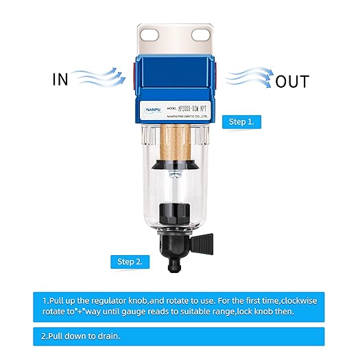NANPU 1/4" NPT Compressed Air Line Filter, 5 Micron Brass Element, Manual Drain, Bracket, Poly Bowl, 145 PSI