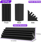 TroyStudio Bass Traps - 12 Pcs 4 X 4 X 12 Inches Dense Thick Studio Bass Foam Corner, Acoustic Treatment Panel Absorbing Echo Reverb, Low Frequency Sound Absorber for Music Room Home Recording Studio