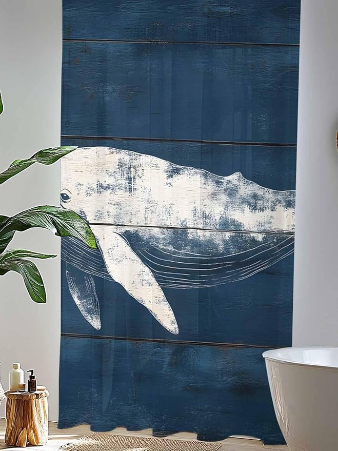 Sheer Curtains 84 Inches Long, Summer Whale Semi Sheer Curtains Light Filtering Window Treatment, Ocean Vintage Wooden Grain Blue Privacy Voile Drapes for Living Room Bedroom 52x84 Inch