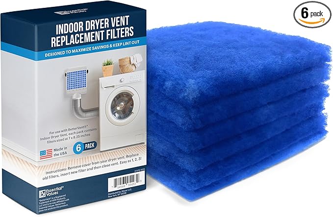 Essential Values 6-Pack Filters Compatible with Bettervent Indoor Dryer Vent – Manufactured in USA - 30 Loads Efficiency
