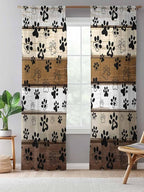 Sheer Curtains 84 Inches Long, Brown Beige Farmhouse Semi Sheer Curtains Light Filtering Window Treatment, Black Dog Paw Vintage Wooden Privacy Voile Drapes for Living Room Bedroom 52x84 Inch