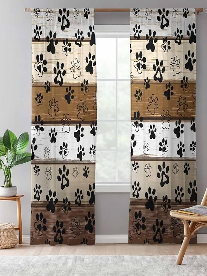 Sheer Curtains 84 Inches Long, Brown Beige Farmhouse Semi Sheer Curtains Light Filtering Window Treatment, Black Dog Paw Vintage Wooden Privacy Voile Drapes for Living Room Bedroom 52x84 Inch