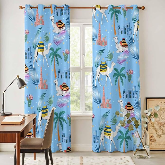 2 Panel Kitchen Cafe Curtains, Desert Landscape Sunlight Filtering Nature Air Through, Window Decor Tier Curtains for Living Room 104W x 96L inch Cute Camels Palm Trees Houses Leaves Blue