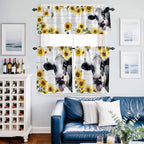 Kitchen Curtains Tiers and Valance Set of 3, Cow Sunflowers Light Filtering Window Curtain Set, Farmhouse Animals Plants Wooden Grain Rod Pocket Curtain Drapes for Cafe, Living Room, 24 Inches Tiers