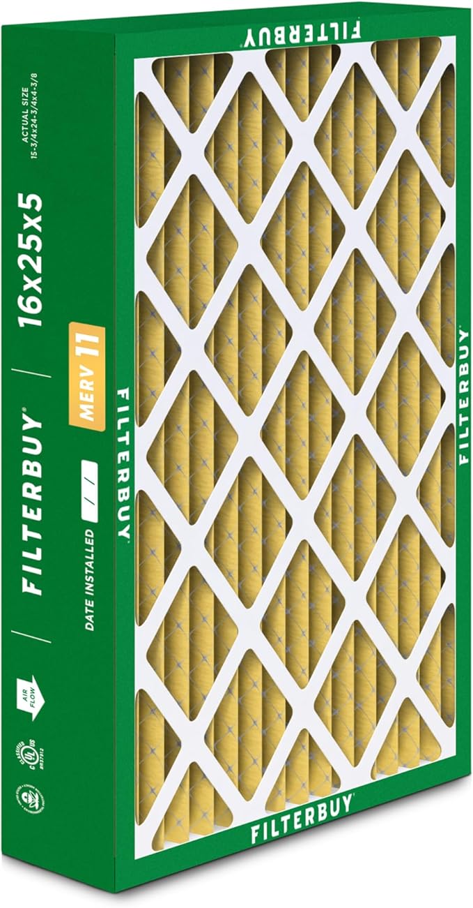Filterbuy 16x25x5 Air Filter MERV 11 Superior Pet & Allergy Defense (3-Pack), Pleated HVAC AC Furnace Filters for Honeywell FC100A1029, Lennox X6670, and More (Actual Size: 15.75 x 24.75 x 4.38)