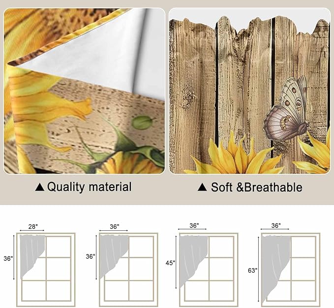 Farmhouse Sunflowers Swag Valances for Windows, Rustic Floral Buttterfly Wood Board Brown Rod Pocket Kitchen Curtains Valance, Small Window Curtains Swag for Cafe Living Room, 2 Panels, 28x36 inch