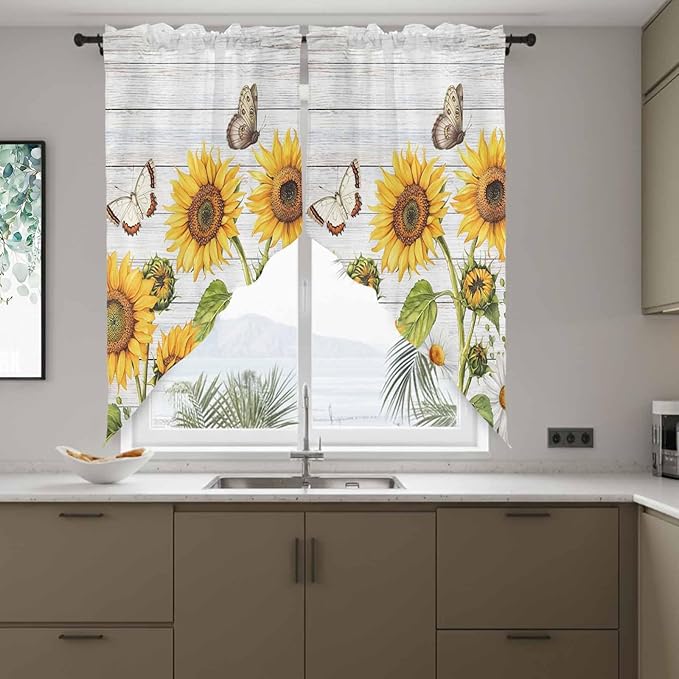 Yellow Sunflowers Swag Valances for Windows, Vintage Country Flowers Butterfly Wood Board Rod Pocket Kitchen Curtains Valance, Kitchen Window Curtains Swag for Cafe Living Room, 2 Panels, 36x63 inch