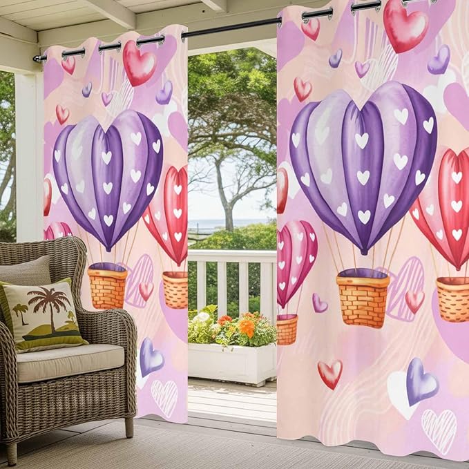 Hot Air Balloons Waterproof Outdoor Curtains for Patio, Windproof Weatherproof Curtains with Weighted Hem, Valentine's Day Watercolor Love Balloons Light Filtering Privacy Drapes for Porch 54"x 84"