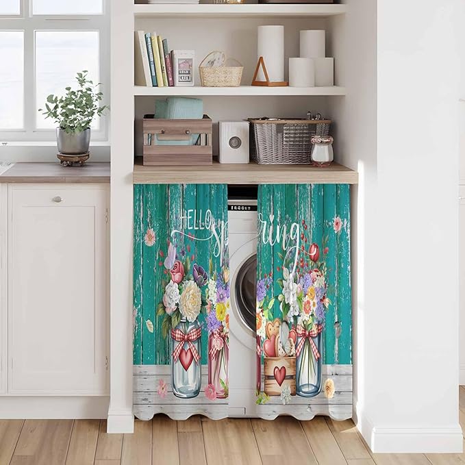 Spring Flowers Kitchen Curtains, Farmhouse Watercolor Teal Wood Grain Light Filtering Window Curtain Panels, 2Pcs Rod Pocket Window Treatments Set for Study Room Bathroom Bedroom 52x54 Inches