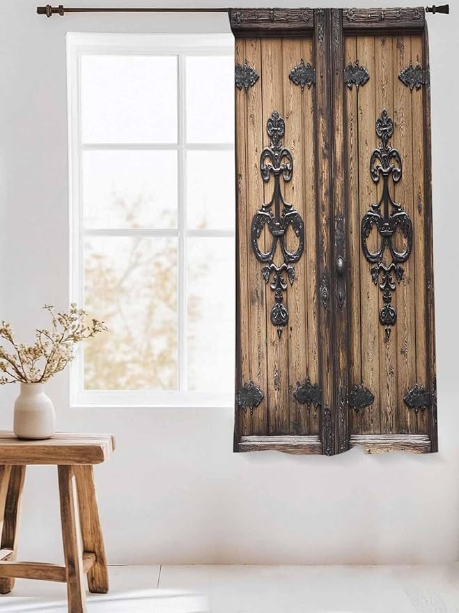 Sheer Curtains 72 Inches Long, Barn Door Semi Sheer Curtains Light Filtering Window Treatment, Farmhouse Wooden Grain Rustic Tribal Pattern Privacy Voile Drapes for Living Room Bedroom 52x72 Inch