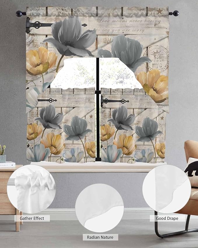 Vintage Tulip Swag Kitchen Curtains Valance and Tier Set, Farmhouse Retro Blue Yellow Grey Flower Barn Door Light-Filtering Swag Valance 24 Inch Length, Rod Pocket Short Curtain for Bedroom Cafe