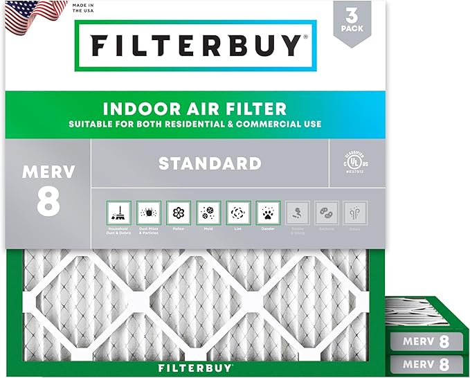 Filterbuy 11.25x11.25x1 Air Filter MERV 8 Essential Dust & Allergy Defense (3-Pack), Electrostatic Pleated HVAC AC Furnace Filters Replacement, Made in USA (Actual Size: 11.25 x 11.25 x 0.75)