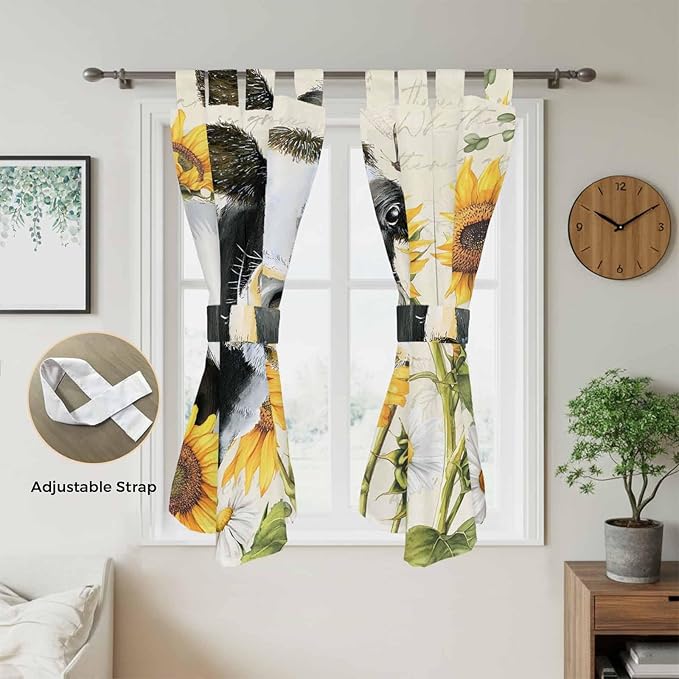 Yellow Sunflowers Bedroom Curtains 72 Inch Length, Window Curtains Tab Top, Country Cow Flower Butterfly Farmhouse Cream Light Filtering Window Treatments Drapes 52"x72" 2 Panel