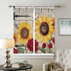 Red Yellow Sunflowers Living Room Curtains 84 Inch Length, Window Curtains Tab Top, Retro Rustic Barn Doors Butterfly Brown Light Filtering Window Treatments Drapes 42"x84" 2 Panel
