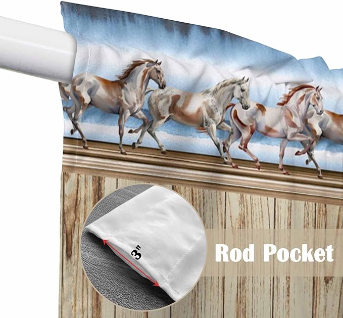 Western Horse Swag Valances for Windows, Farmhouse Wooden Grain Vintage Cowboy Barn Door Rod Pocket Kitchen Curtains Valance, Kitchen Window Curtains Swag for Cafe Living Room, 2 Panels, 36x63 inch