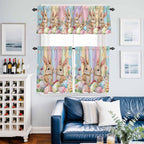 Easter Kitchen Curtains Set 3 Piece for Windows, Rod Pocket Valance and Tier Set 24 Inch Length, Spring Bunny Eggs Botanical Floral Wooden Grain Light Filtering Cafe Curtains for Living Room Bathroom
