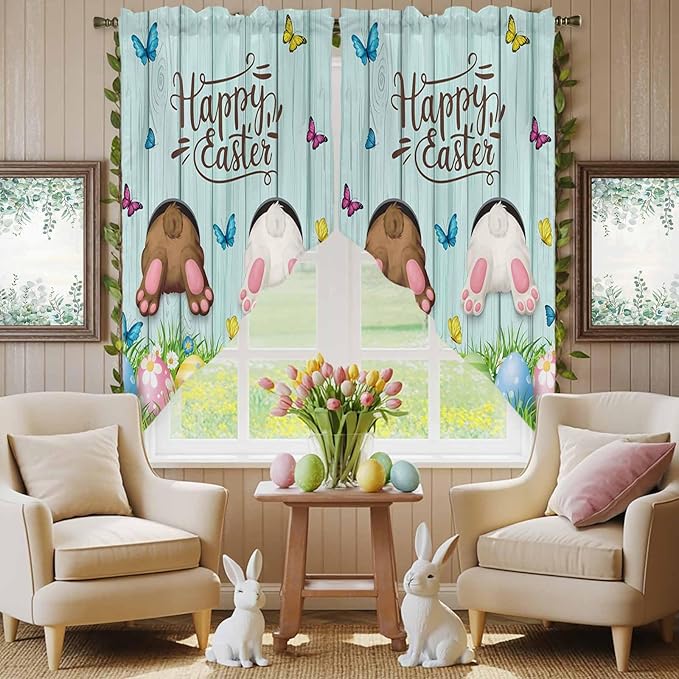 Swag Curtain Valances for Kitchen Windows,Happy Easter Bunny Butt Egg Floral Short Rod Pocket Window Valance,Spring Plant on Aqua Wood Swag Topper for Bedroom Living Room,2 Panels 28x36in