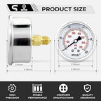 0-100Psi Glycerin Liquid Filled Low Pressure Gauge, 2.5" Dial Size, 1/4" G Back Mount, 304 Stainless Steel Case, for Water Pipe, HVAC, Water Oil Air Pressure Test