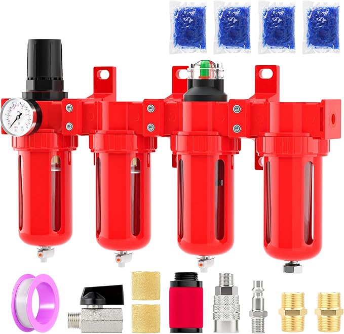 Industrial Grade 4-Stage Aluminum Air Drying System, 1/4 Inch NPT, 0-150 PSI, Desiccant Dryer, air Regulator, Particulate Filter and Coalescing Filter (Manual Drainage)