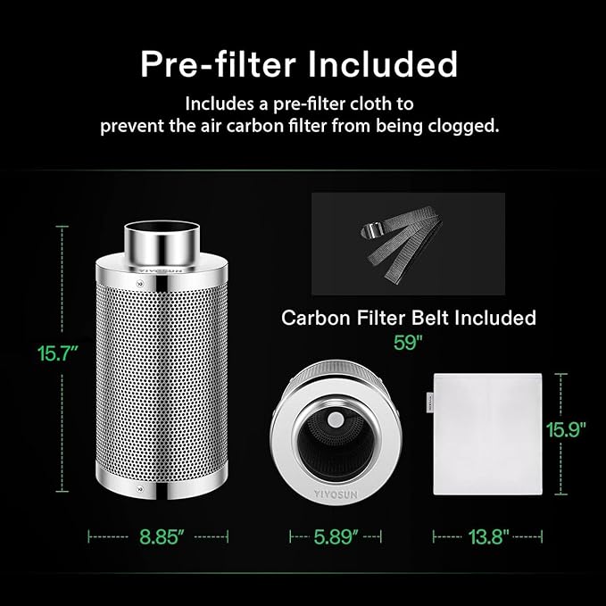 VIVOSUN 6 Inch Air Carbon Filter Smelliness Control with Australia Virgin Charcoal for Inline Duct Fan, Grow Tent, Pre-Filter Included, Reversible Flange 6"x 16"