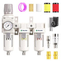 TAILONZ PNEUMATIC 0-150PSI 3/8 Inch NPT Grade 3 Stage Air Drying System, Particulate Filter, Air Filter Pressure Regulator Combo Piggyback, Air Tool Compressor Filter with Gauge (Semi-Auto Drainage）