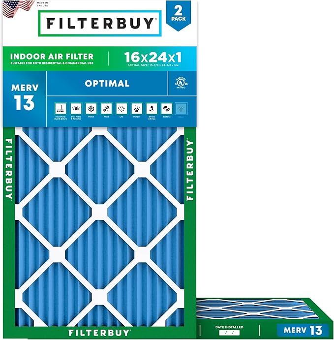 Filterbuy 16x24x1 Air Filter MERV 13 Optimal Smoke & Allergy Defense (2-Pack), Electrostatic Pleated HVAC AC Furnace Filters Replacement, Made in USA (Actual Size: 15.38 x 23.38 x 0.75)