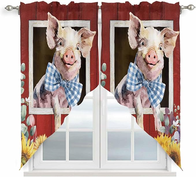 Pig Sunflowers Swag Valances for Windows, Eucalyptus Leaves Floral Bees Red Barn Rod Pocket Kitchen Curtains Valance, Kitchen Window Curtains Swag for Cafe Bathroom Living Room, 2 Panels, 36x45 inch