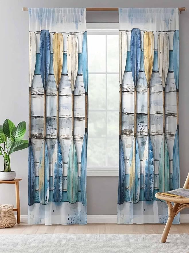 Sheer Curtains 108 Inches Long, Lake Paddle Striped Semi Sheer Curtains Light Filtering Window Treatment, Watercolor Vintage Wood Grain Privacy Voile Drapes for Living Room Bedroom 52x108 Inch