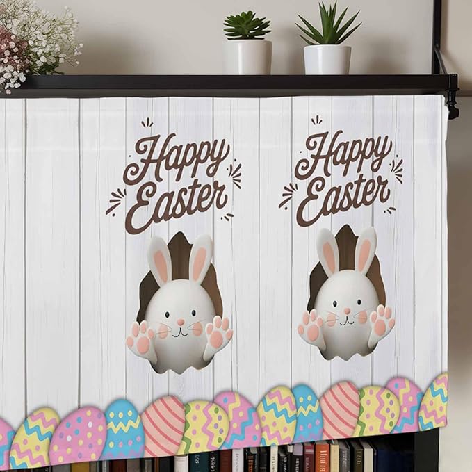 Grey Easter Curtain Valances for Windows, Kitchen Valance Window Treatment, Spring Cartoon Bunny Colorful Eggs Wood Grain Light Filtering Block Curtains for Bathroom/Bedroom/Living Room 54'' x 18''