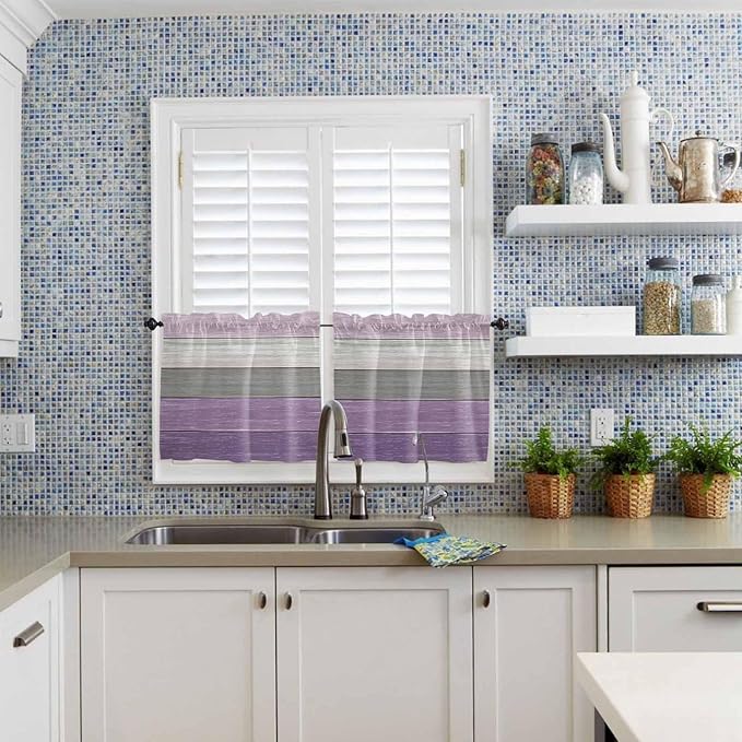 Country Wood Board Gray Purple Window Valance Curtains, Farmhouse Gradient Plank Light Filtering Kitchen Valance with 3-inch Rod Pocket for Living Room Bathroom Bedroom,2 Panel,27.5x24In