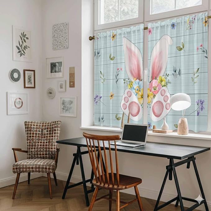 Easter Kitchen Curtains 54 Inch Long 2 Panel Set, Rod Pocket Window Curtains Panels, Spring Rabbits Ears Feet Flowers Wooden Grain Light Filtering Privacy Draperies for Bedroom Laundry 42"W x 54"L