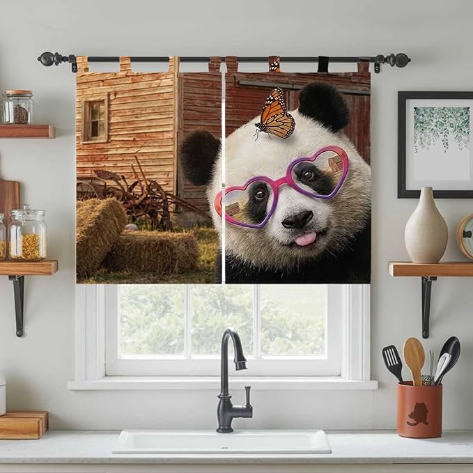 Farm Panda Kitchen Curtains 45 Inch Length, Short Cafe Window Curtains Tab Top, Farmhouse Barn Funny Animals Butterfly Light Filtering Window Treatments Tier Drapes 27.5"x45" 2 Panel