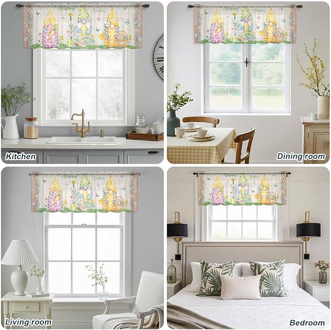Easter Sheer Valances for Windows 42"x18", Light Filtering Kitchen Curtains Valance, Rustic Gnomes Duck Floral Colorful Eggs Wooden Grain Rod Pocket Chiffon Curtains for Living Room Bedroom Cafe
