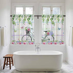 Spring Kitchen Curtains, Bicycles Botanical Leaves Rose Colorful Stripes Light Filtering Window Curtain Panels, 2Pcs Rod Pocket Window Treatments Set for Cabin Bathroom Bedroom 52x45 Inches