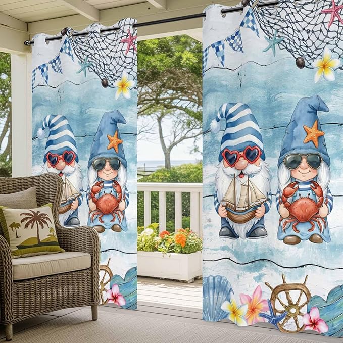 Ocean Gnome Outdoor Curtains for Patio Summer Marine Plumeria Shell Wood Blue Waterproof Outside Curtains with Grommet Top Weatherproof Curtain for Cabana Pergola Gazebo, 2 Pack, 54" W x 108" L