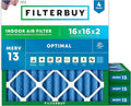 Filterbuy 16x16x2 Air Filter MERV 13 Optimal Smoke & Allergy Defense (4-Pack), Electrostatic Pleated HVAC AC Furnace Filters Replacement, Made in USA (Actual Size: 15.50 x 15.50 x 1.75)