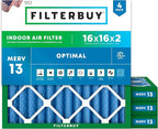 Filterbuy 16x16x2 Air Filter MERV 13 Optimal Smoke & Allergy Defense (4-Pack), Electrostatic Pleated HVAC AC Furnace Filters Replacement, Made in USA (Actual Size: 15.50 x 15.50 x 1.75)