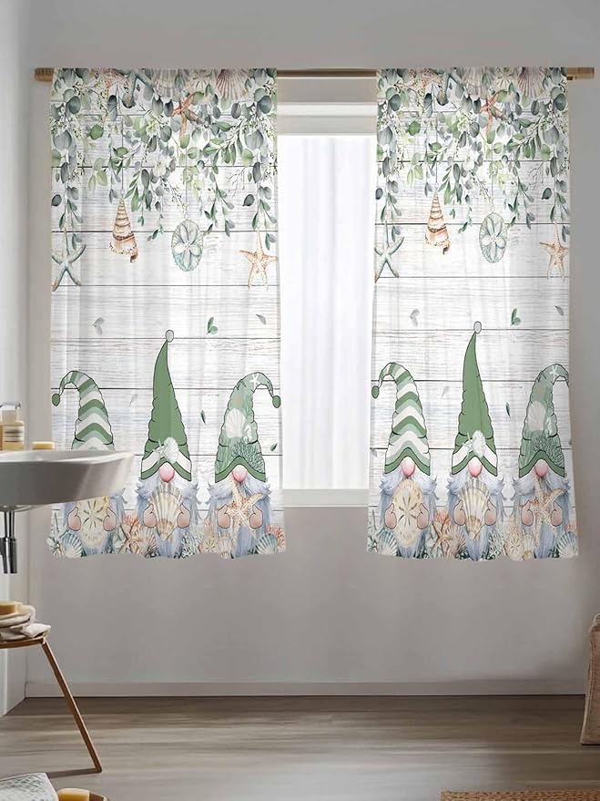 Sheer Curtains 63 Inch Length, Coastal Eucalyptus Leaf Semi Sheer Curtains Light Filtering Window Treatment, Sage Green Gnomes Starfish Privacy Voile Drapes for Living Room Bedroom 52x63 Inch