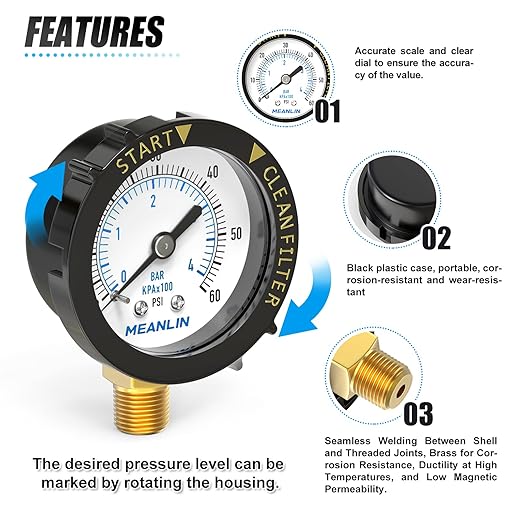 MEANLIN MEASURE 0~60Psi 1/4" NPT Start and Clean Filter Pressure Gauge, Suitable for Swimming Pool, Spa, Aquarium, Lower Mount(Pack of 2), with 1/2" NPT and 3/8" NPT Hex Bushing