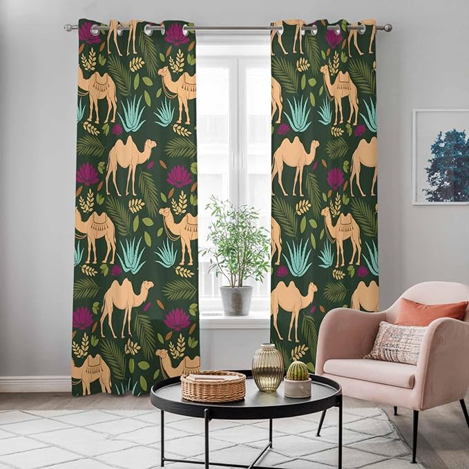 2 Panel Kitchen Cafe Curtains, Retro Desert Camel Sunlight Filtering Nature Air Through, Window Decor Tier Curtains for Living Room 104W x 96L inch Tropical Animal Aloe Vera Leaves Dark Green