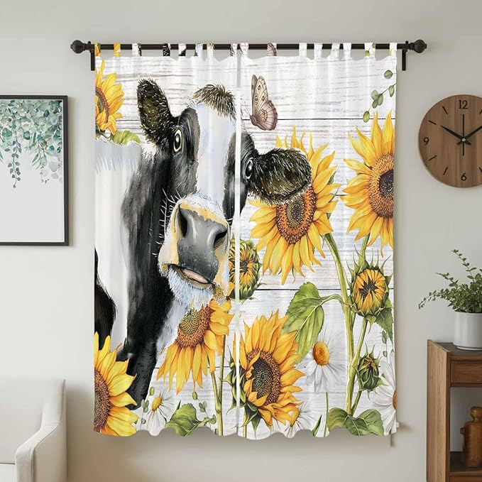 Retro Farmhouse Floral Living Room Curtains 96 Inch Length, Window Curtains Tab Top, Yellow Sunflowers Cows Butterfly Wood Light Filtering Window Treatments Drapes 52"x96" 2 Panel