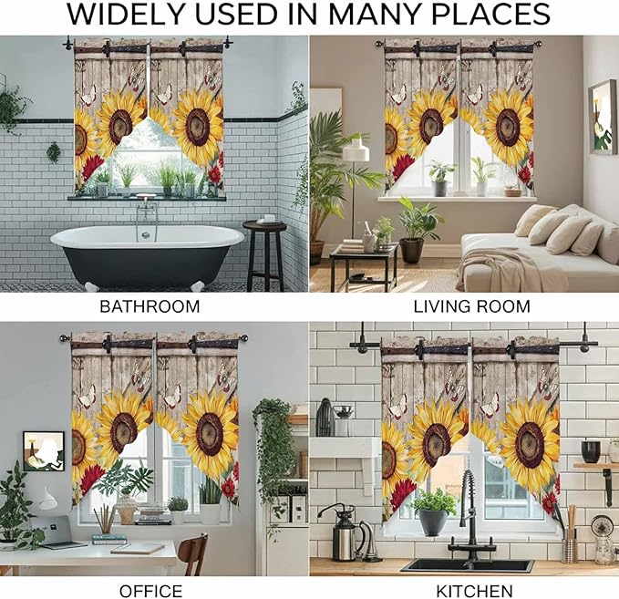 Sunflowers Swag Valances for Windows, Retro Flower Barn Doors Butterfly Farmhouse Brown Rod Pocket Kitchen Curtains Valance, Kitchen Window Curtains Swag for Cafe Living Room, 2 Panels, 36x63 inch