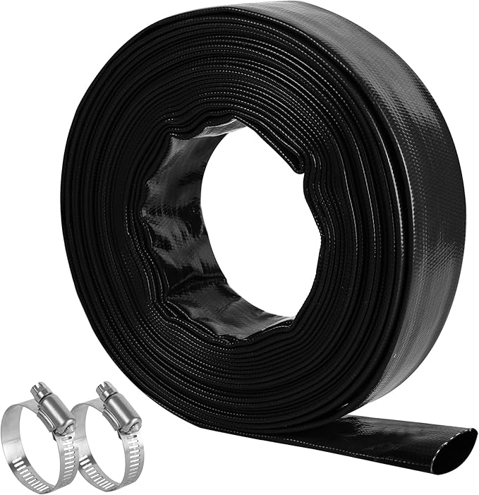 2" x 50 FT Pool Backwash Hose, Black Heavy Duty Reinforced PVC Lay Flat Water Discharge Hose for Swimming Pool Filter Pump,with 2 Clamp