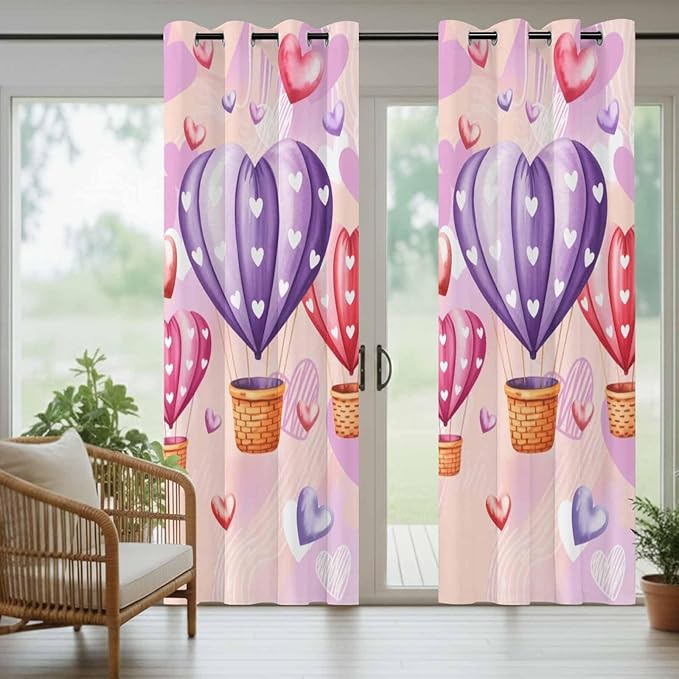 Hot Air Balloons Waterproof Outdoor Curtains for Patio,Windproof Weatherproof Curtains with Weighted Hem,Valentine's Day Watercolor Love Balloons Light Filtering Privacy Drapes 54"x 108" 2 Panels