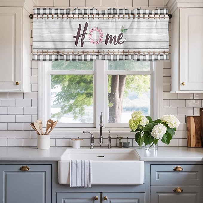 Spring Flowers Curtain Valances for Windows, Kitchen Valance Window Treatment, Farmhouse Watercolor Black Plaid Wood Grain Light Filtering Block Curtains for Bathroom/Bedroom/Living Room 42'' x 18''
