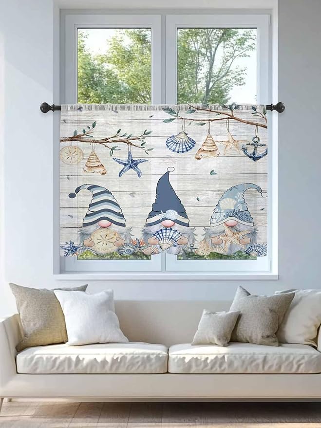 Sheer Curtains 54 Inch Length, Coastal Eucalyptus Semi Sheer Curtains Light Filtering Window Treatment, Ocean Blue Gnomes Starfish Leaf Wood Grain Privacy Voile Drapes for Living Room 52x54 Inch