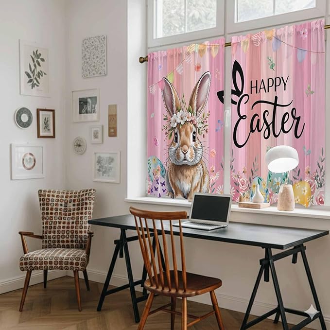 Easter Kitchen Curtains, Spring Rabbit Eggs Flowers Flags Leaves Wood Grain Light Filtering Window Curtain Panels, 2Pcs Rod Pocket Window Treatments Set for RV Dining Room Study Room 42x45 Inches