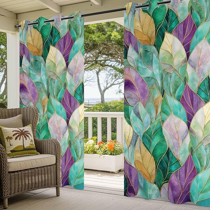Leaves Outdoor Curtains for Patio Gorgeous Leaf Abstract Spring Waterproof Outside Curtains with Grommet Top Weatherproof Curtain for Cabana Pergola Gazebo, 1 Panel, 54" W x 84" L