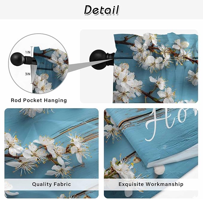 Farmhouse Wooden Grain Kitchen Curtains, Vintage Shabby Chic Flower Blue Light Filtering Window Curtain Panels, 2Pcs Rod Pocket Window Treatments Set for Living Room Bathroom Bedroom 42x63 Inches