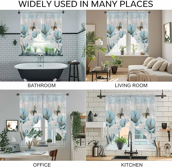 Spring Floral Swag Valances for Windows, Vintage Tulips Flower Butterfly Retro Wood Blue Rod Pocket Kitchen Curtains Valance, Kitchen Window Curtains Swag for Cafe Living Room, 2 Panels, 36x63 inch